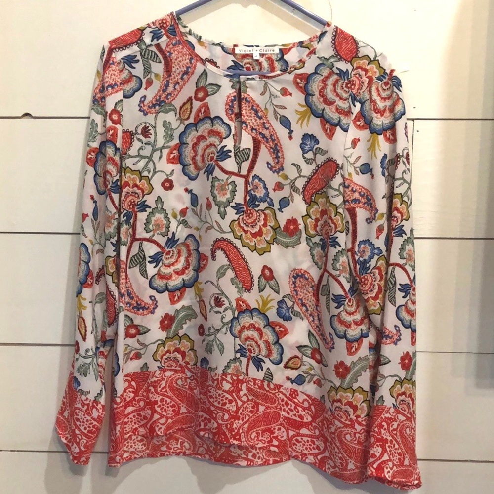 Violet + Claire Floral Paisley Blouse Keyhole Neckline Size Medium